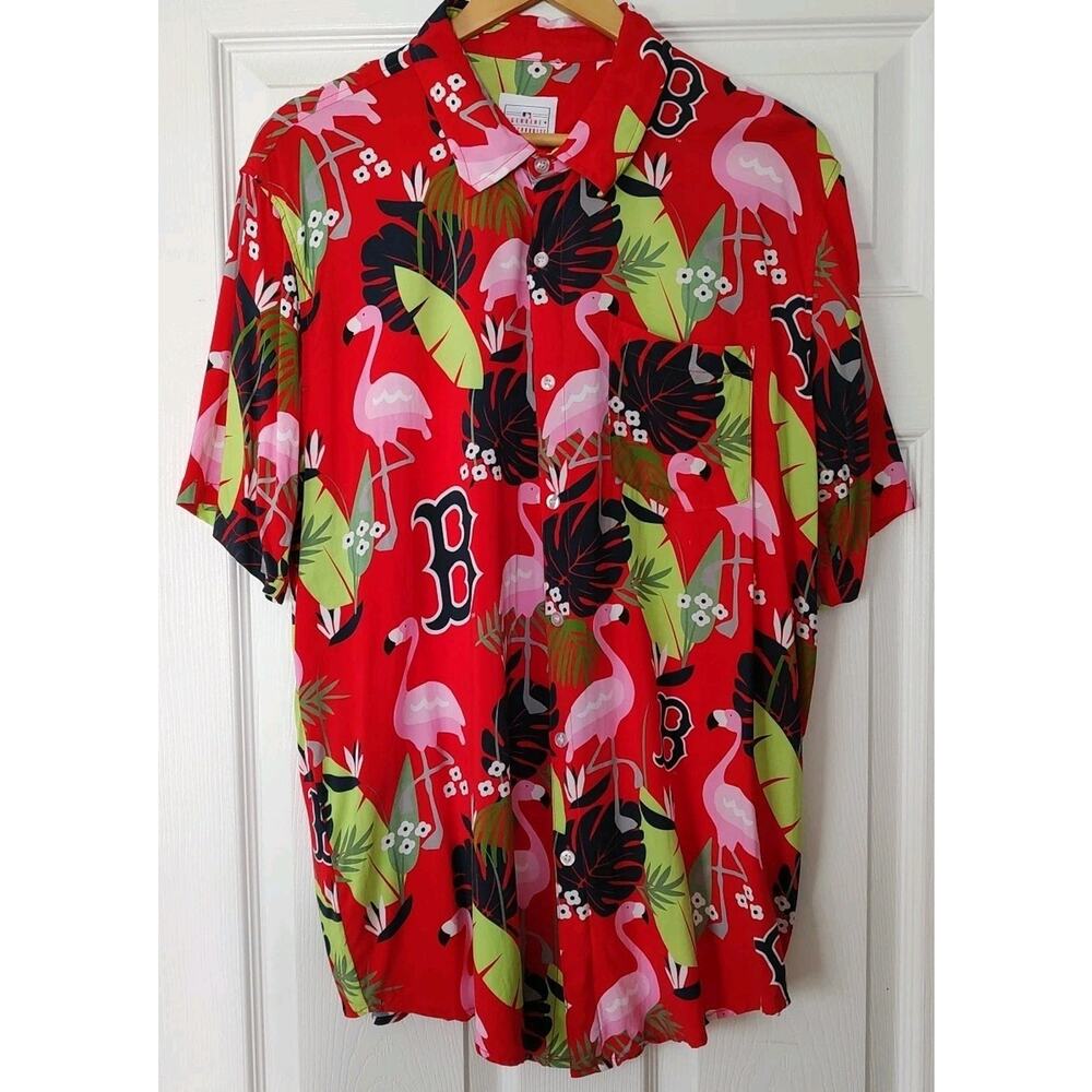 Boston Red Sox MLB Hawaiian Tropical Flamingo Shirt Floral Button Size L Adult